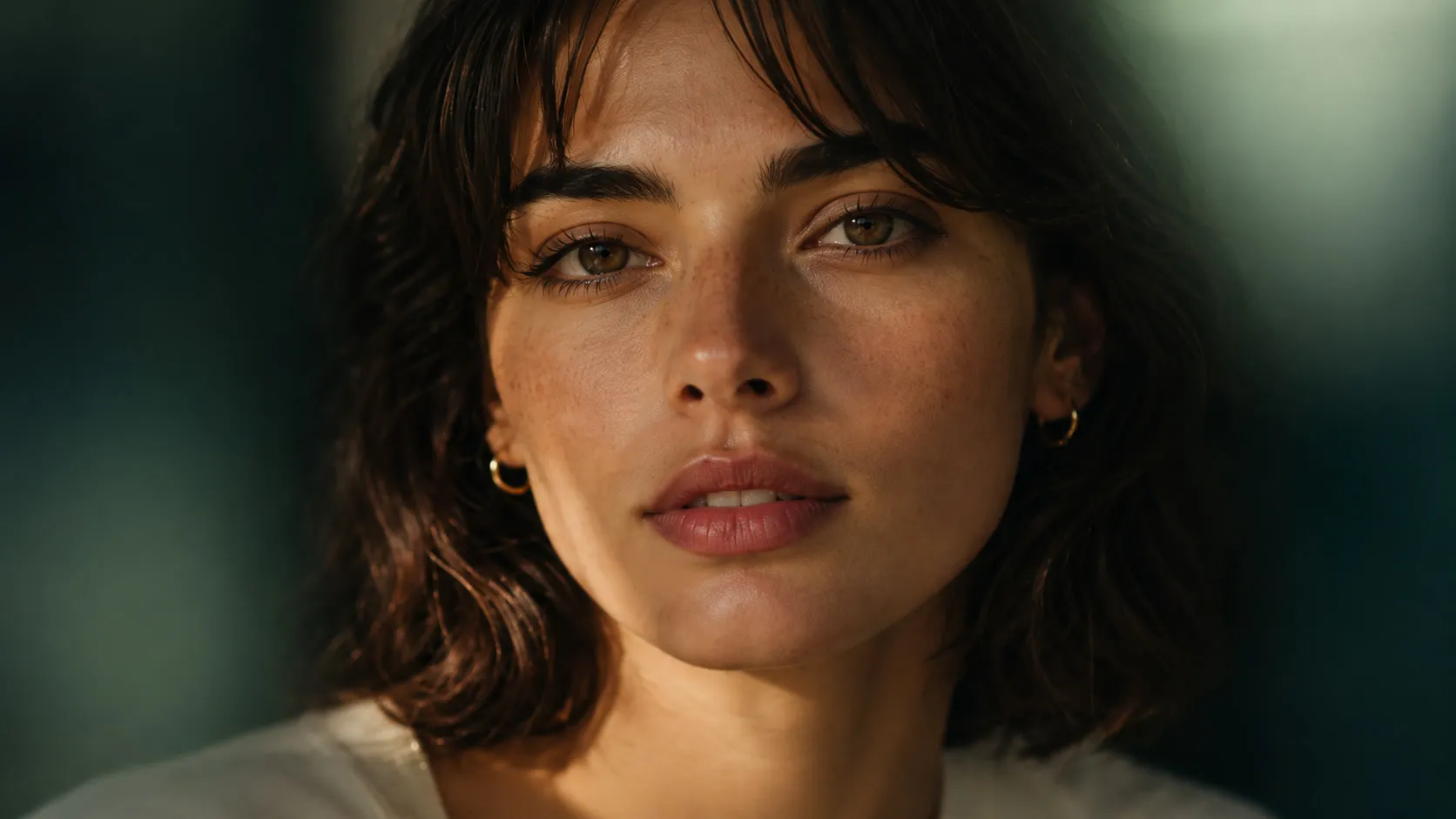 Close portrait of a calm woman with dark hair, freckles and gold hoop earrings